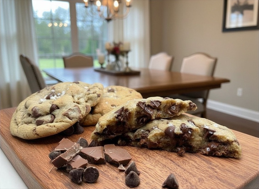 Oversized chocolate chip cookies broken open, melted chunks showing